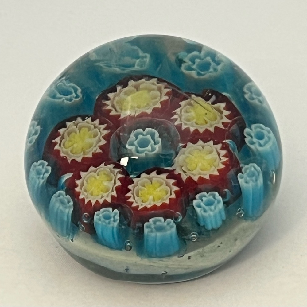 Small Vintage Art Glass Millefiori Murano Style Paperweight Red Blue Yellow - Picture 3 of 14
